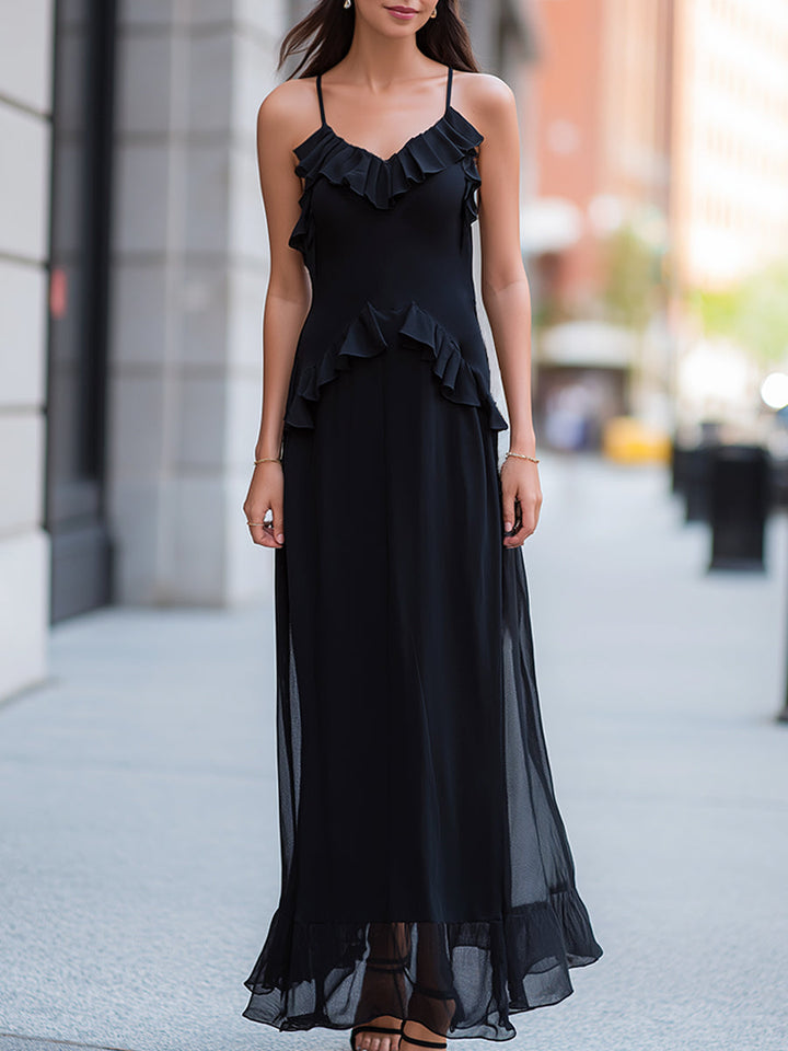 Ruffled Trim Spaghetti Strap Sheer Overlay Maxi Dress