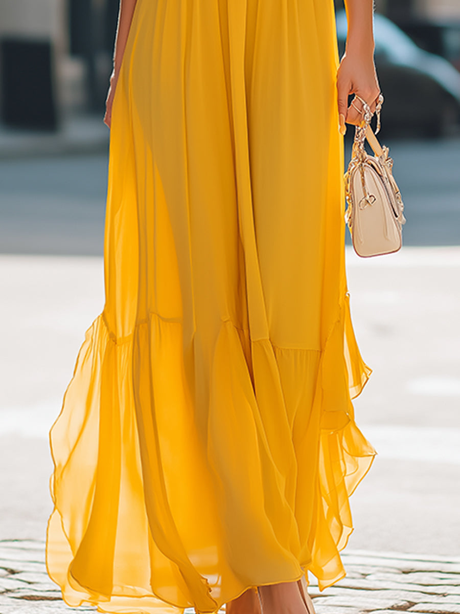 Layered Ruffle Spaghetti Strap Flowing Maxi Dress