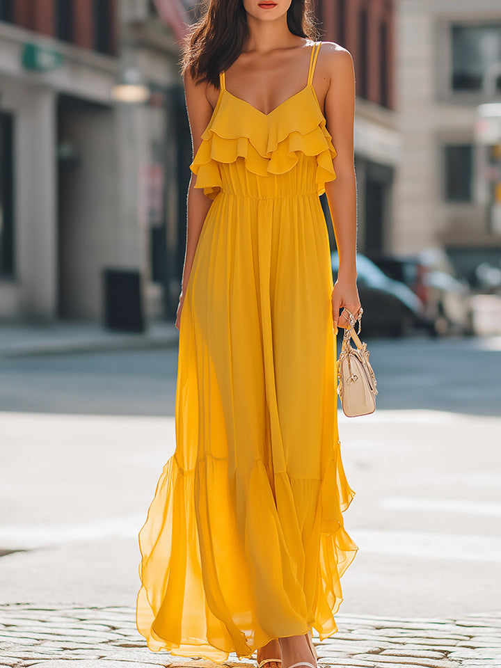 Layered Ruffle Spaghetti Strap Flowing Maxi Dress