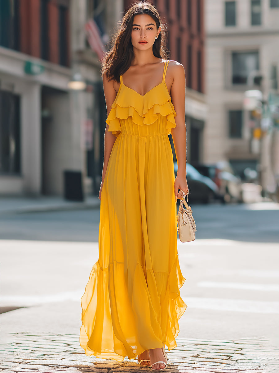 Layered Ruffle Spaghetti Strap Flowing Maxi Dress
