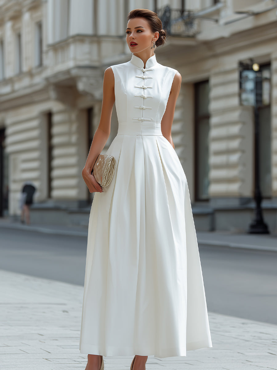 Mandarin Collar Frog Button Pleated A-Line Maxi Dress