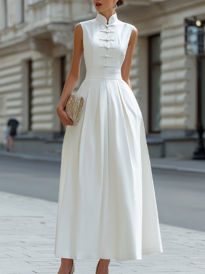 Mandarin Collar Frog Button Pleated A-Line Maxi Dress