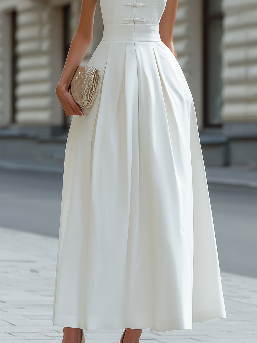 Mandarin Collar Frog Button Pleated A-Line Maxi Dress