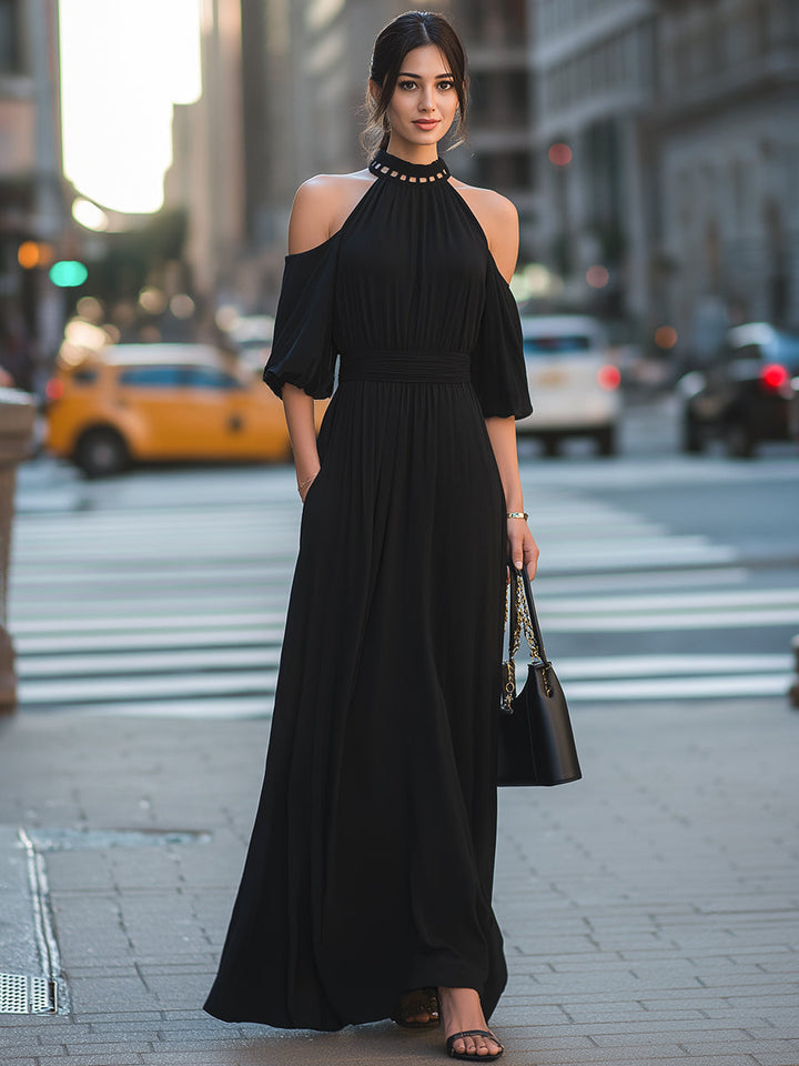 Cold-Shoulder Halter Neck Cutout Detail Flowing Maxi Dress