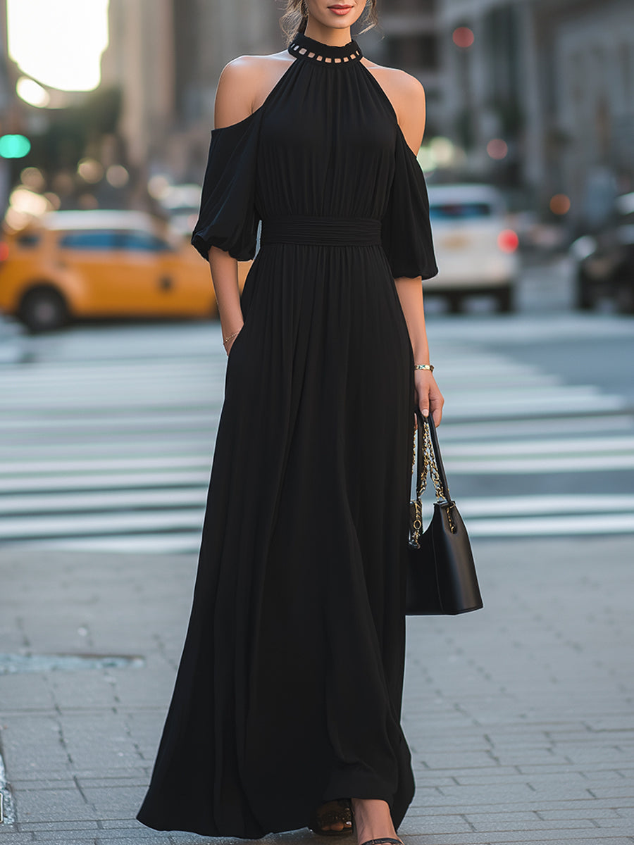Cold-Shoulder Halter Neck Cutout Detail Flowing Maxi Dress