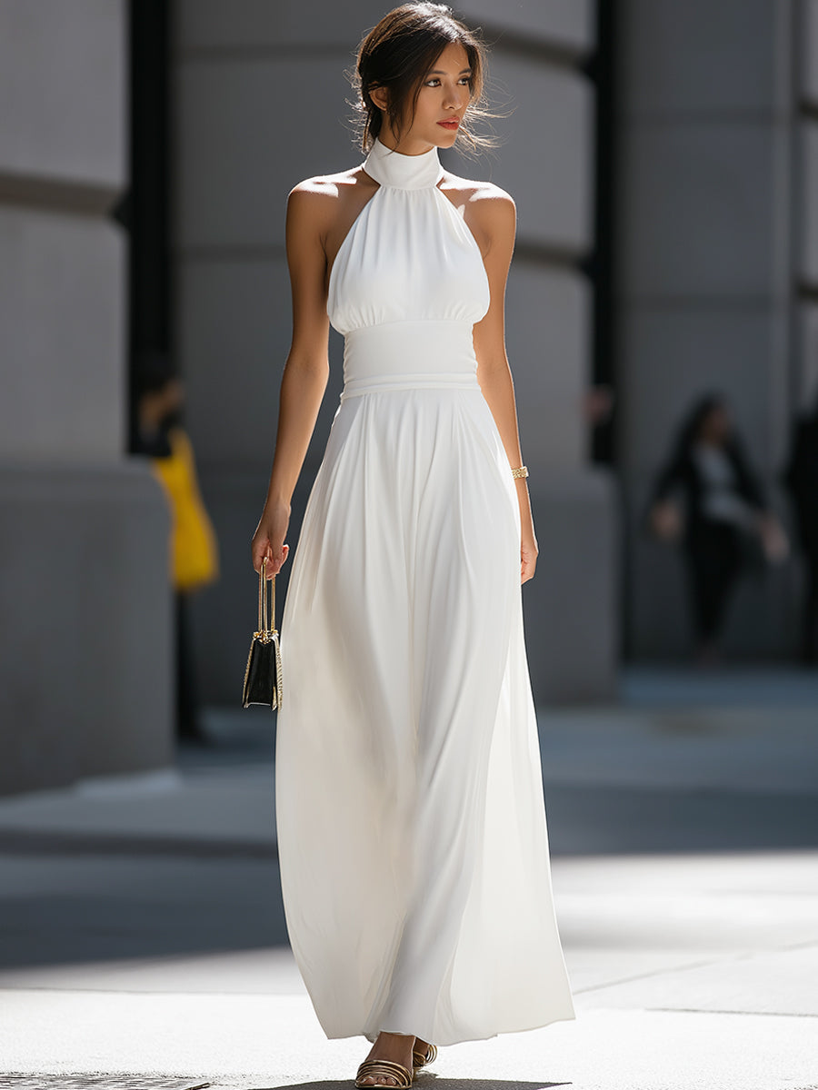 High-Neck Halter Cutout Waist Flowing Maxi Dress