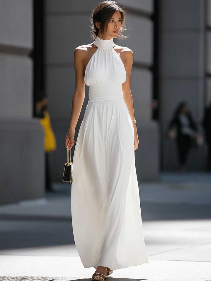 High-Neck Halter Cutout Waist Flowing Maxi Dress