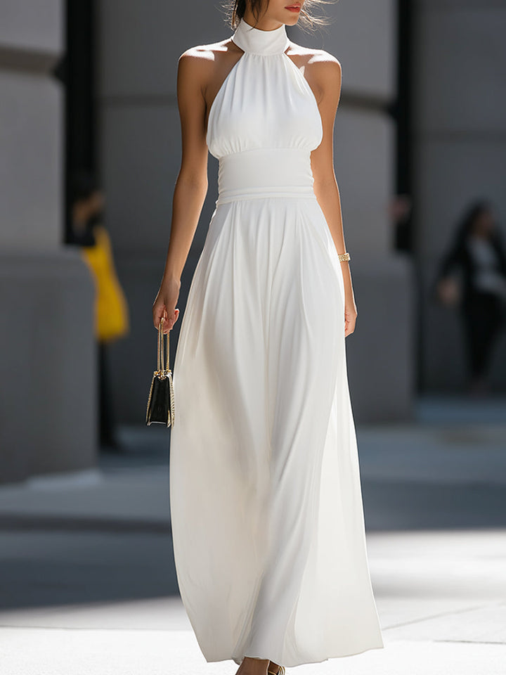 High-Neck Halter Cutout Waist Flowing Maxi Dress