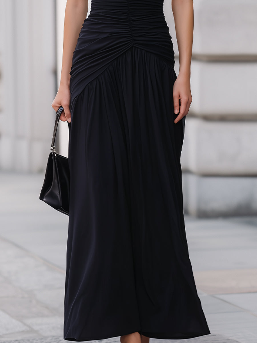 Black One Shoulder Ruched Waist Flowy Maxi Dress