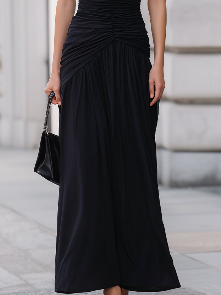 Black One Shoulder Ruched Waist Flowy Maxi Dress