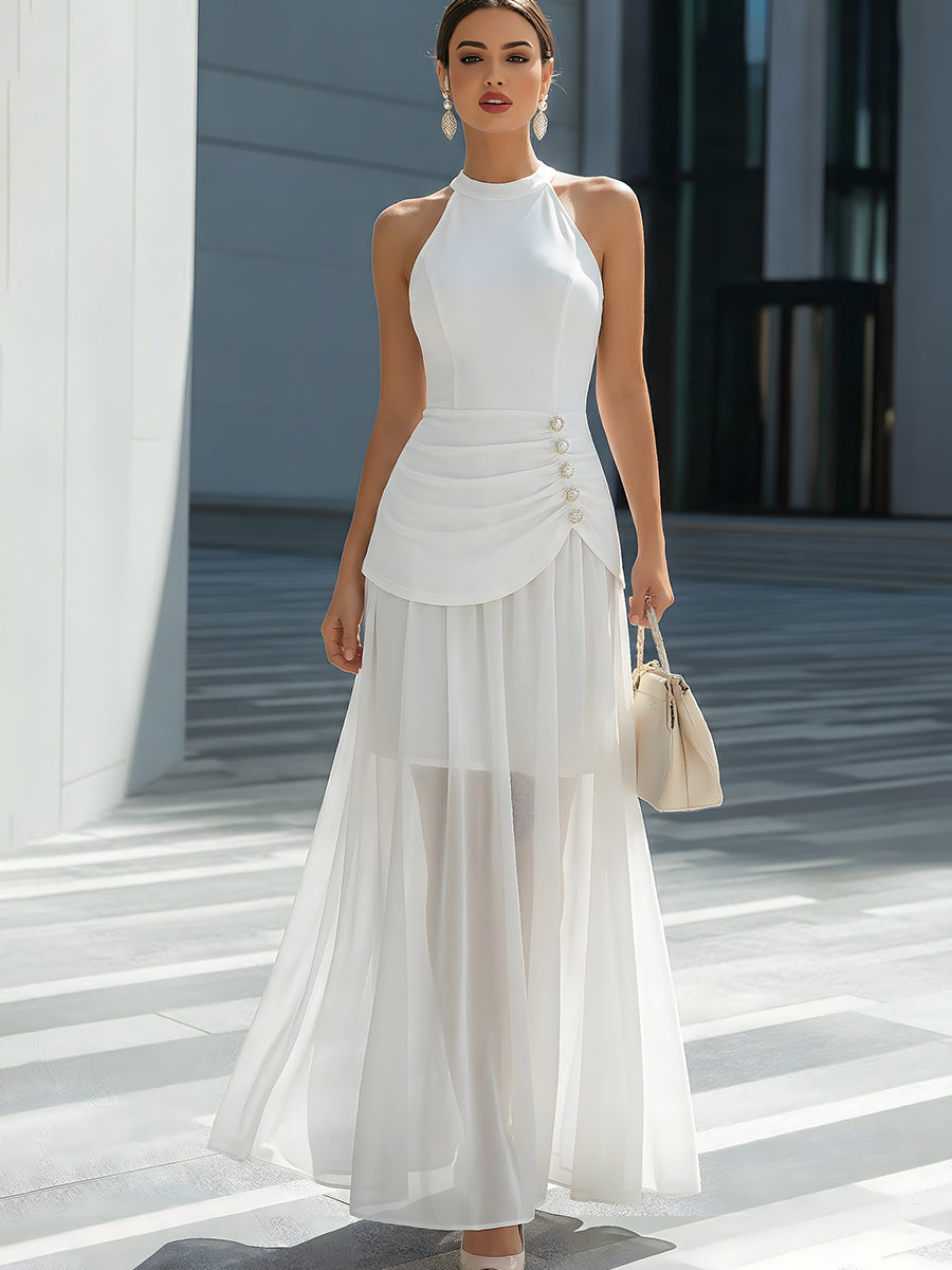 Elegant Halter Neck Ruched Waist Flowy Chiffon Maxi Dress