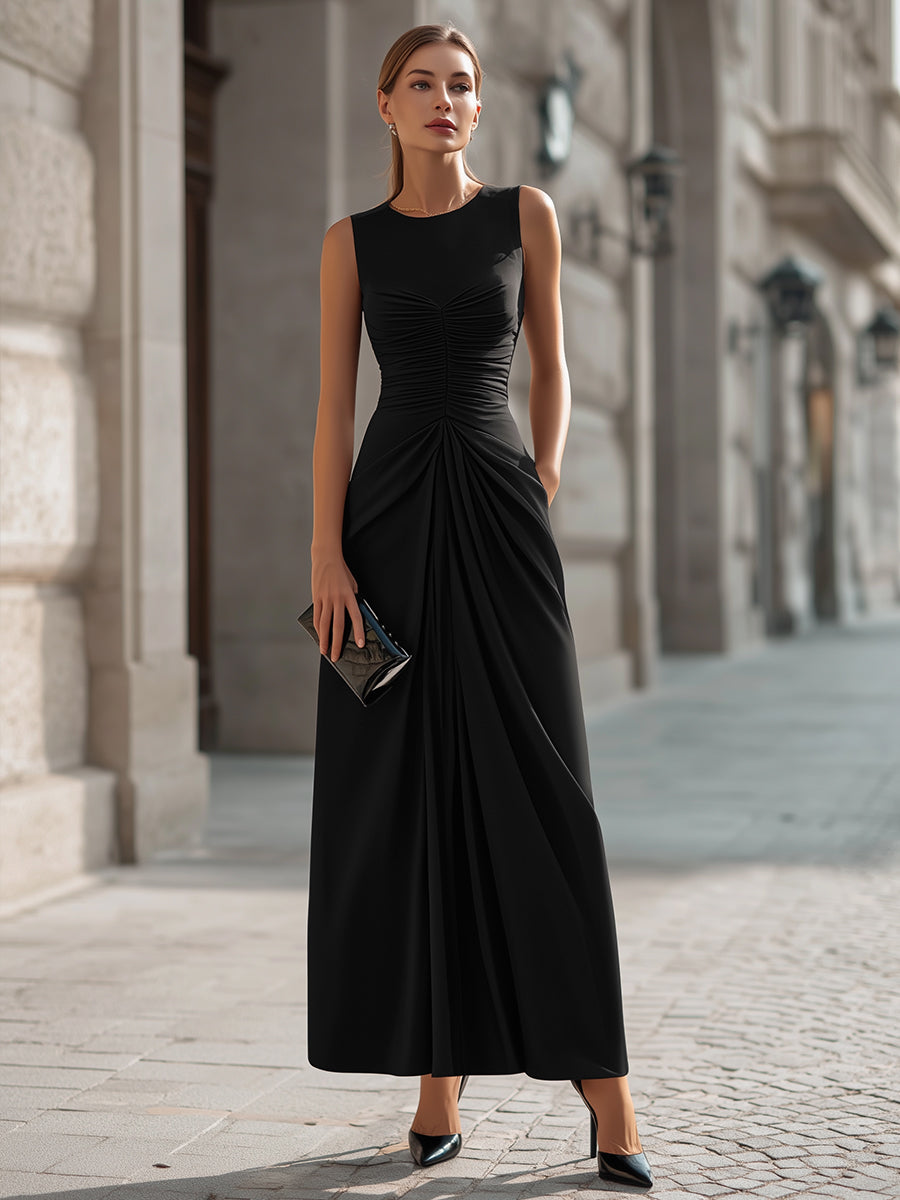 Ruched Waist Sleeveless Draped Maxi Dress