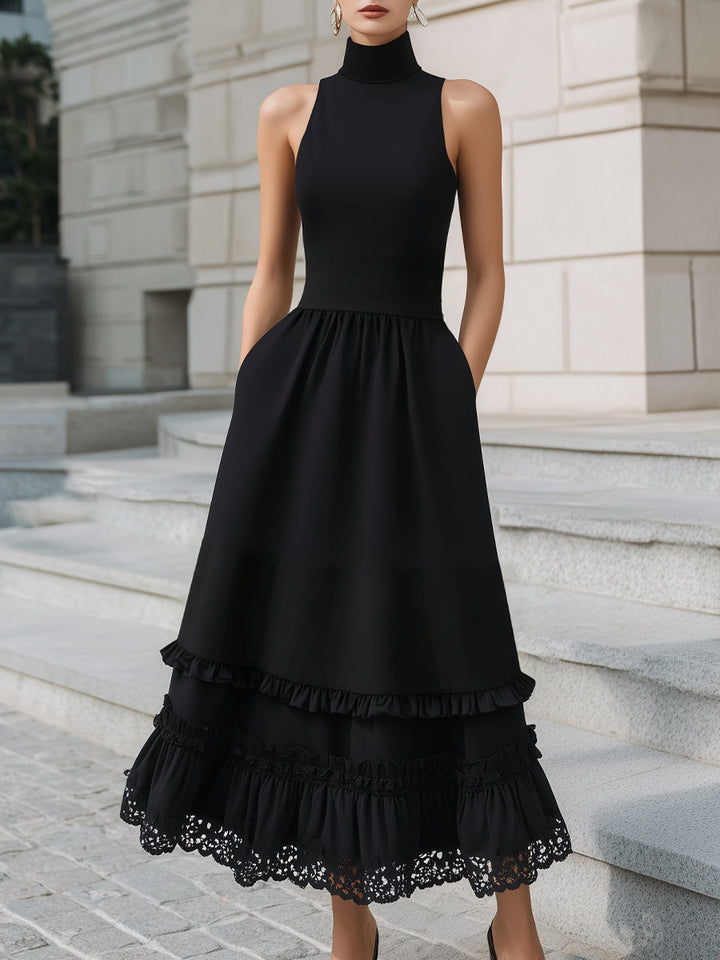 High-Neck Sleeveless Tiered Ruffle Maxi Dress