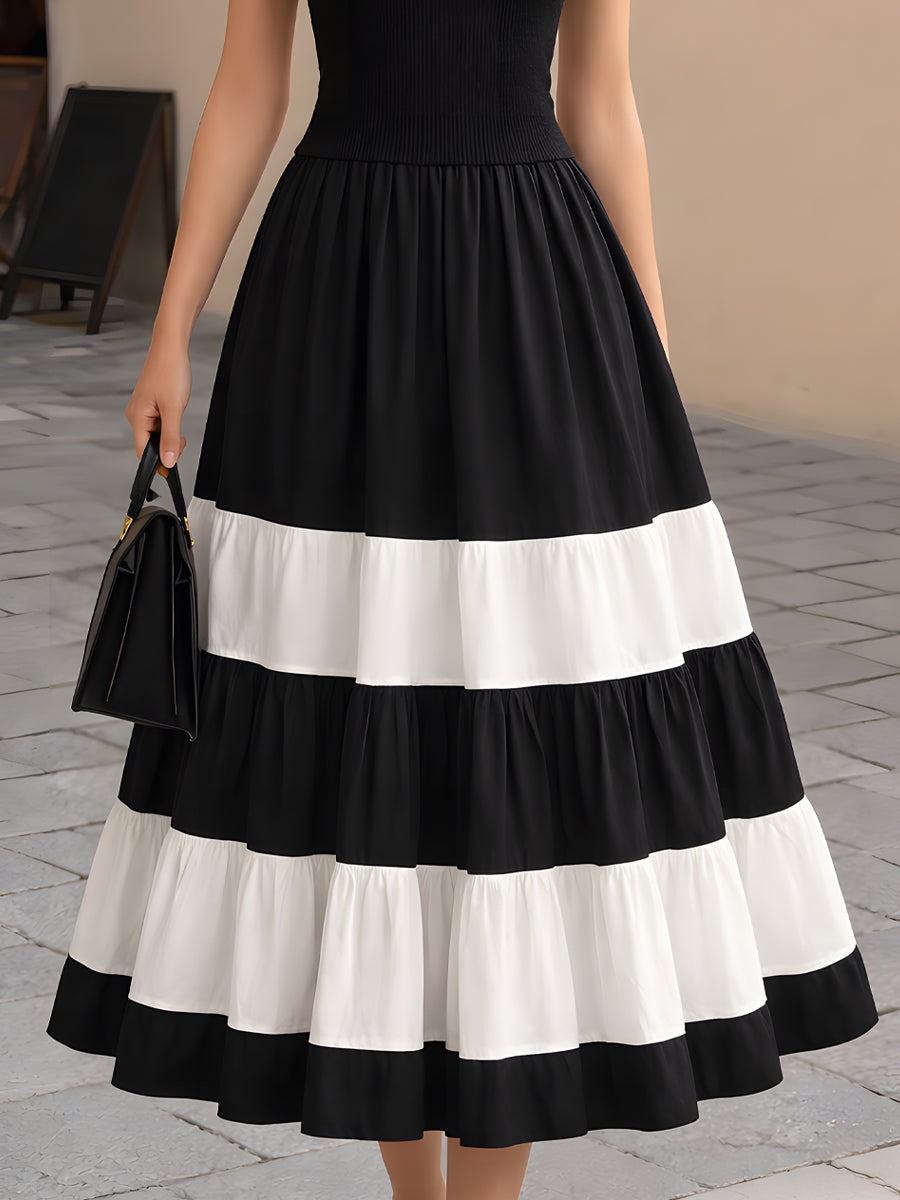 High-Neck Ribbed Knit Contrast Tiered Maxi Dress