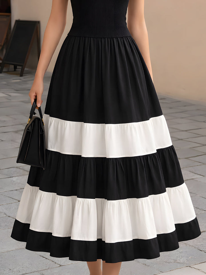 High-Neck Ribbed Knit Contrast Tiered Maxi Dress