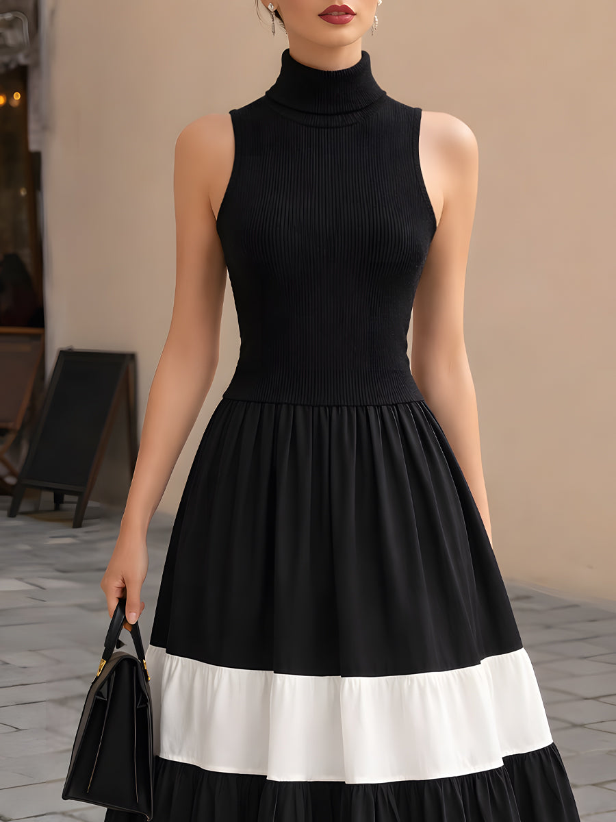 High-Neck Ribbed Knit Contrast Tiered Maxi Dress