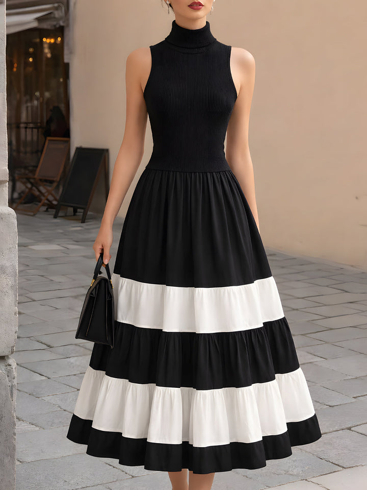 High-Neck Ribbed Knit Contrast Tiered Maxi Dress