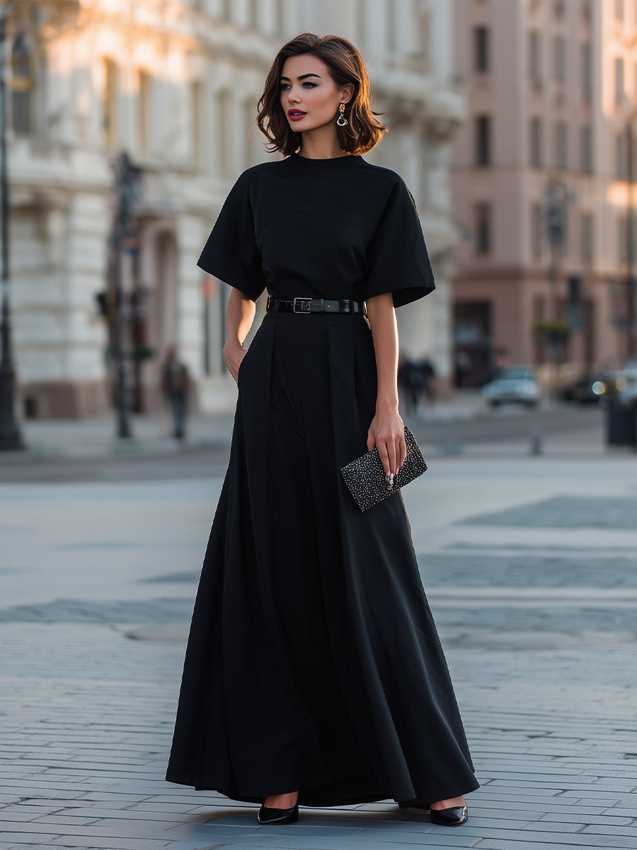 Round Neck Short Sleeve Belted A-Line Maxi Dress