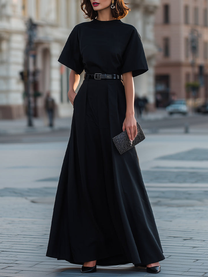 Round Neck Short Sleeve Belted A-Line Maxi Dress