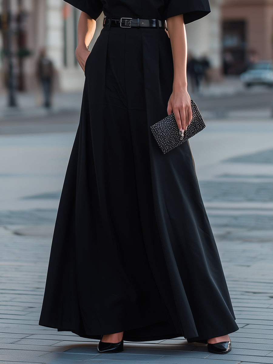 Round Neck Short Sleeve Belted A-Line Maxi Dress