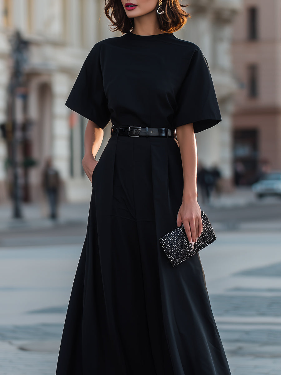 Round Neck Short Sleeve Belted A-Line Maxi Dress