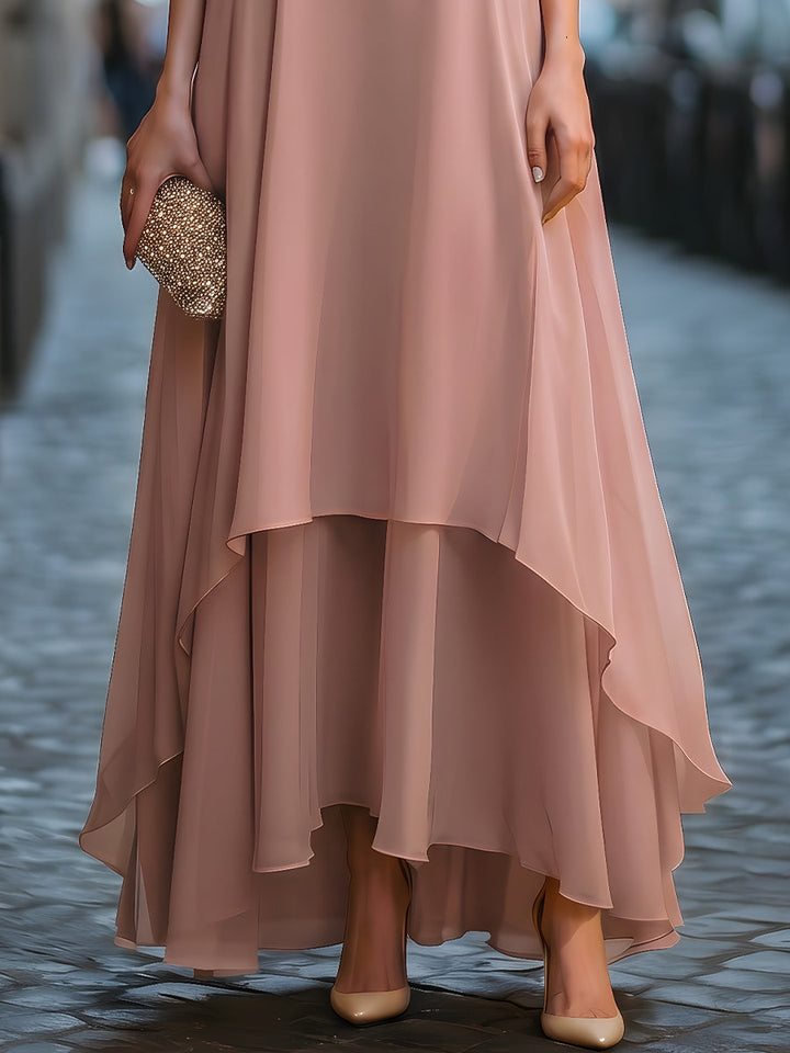 Layered High-Low Flowing Cape Maxi Dress