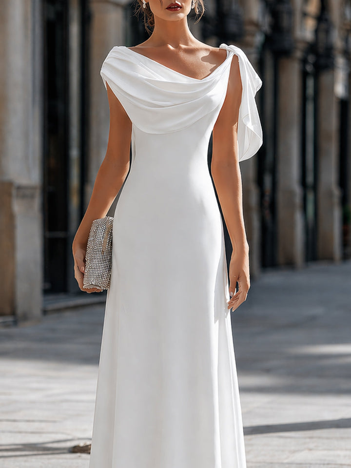Draped Off-Shoulder Asymmetric Cape Sleeve Maxi Dress