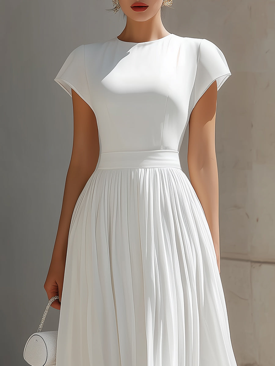 Round Neck Cap Sleeve Pleated Chiffon Waisted Maxi Dress