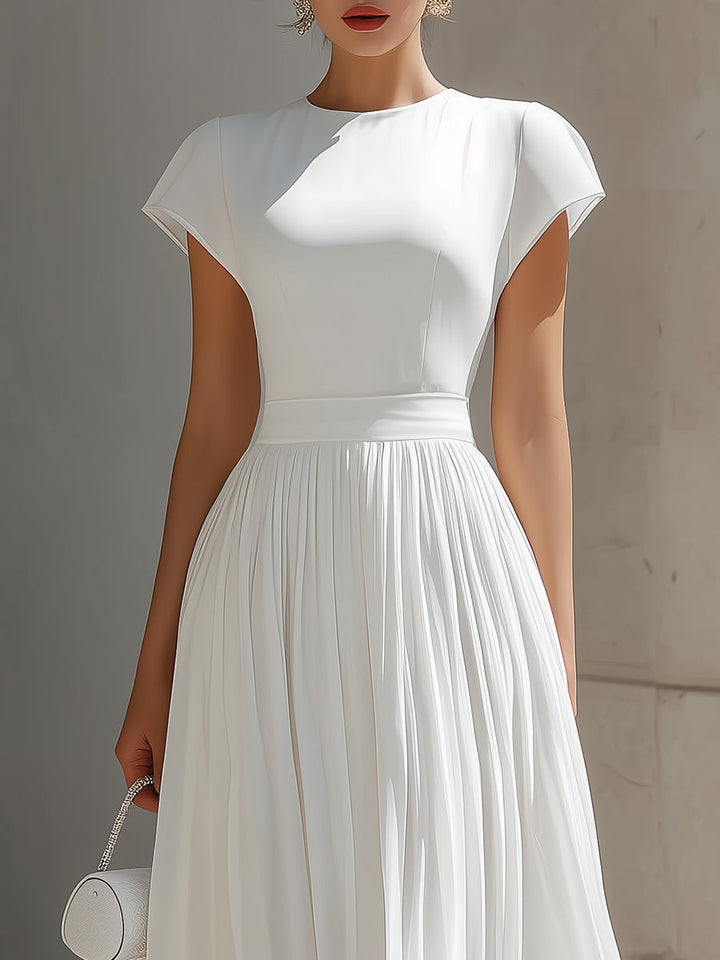 Round Neck Cap Sleeve Pleated Chiffon Waisted Maxi Dress