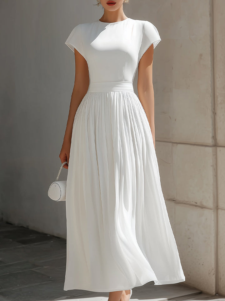 Round Neck Cap Sleeve Pleated Chiffon Waisted Maxi Dress