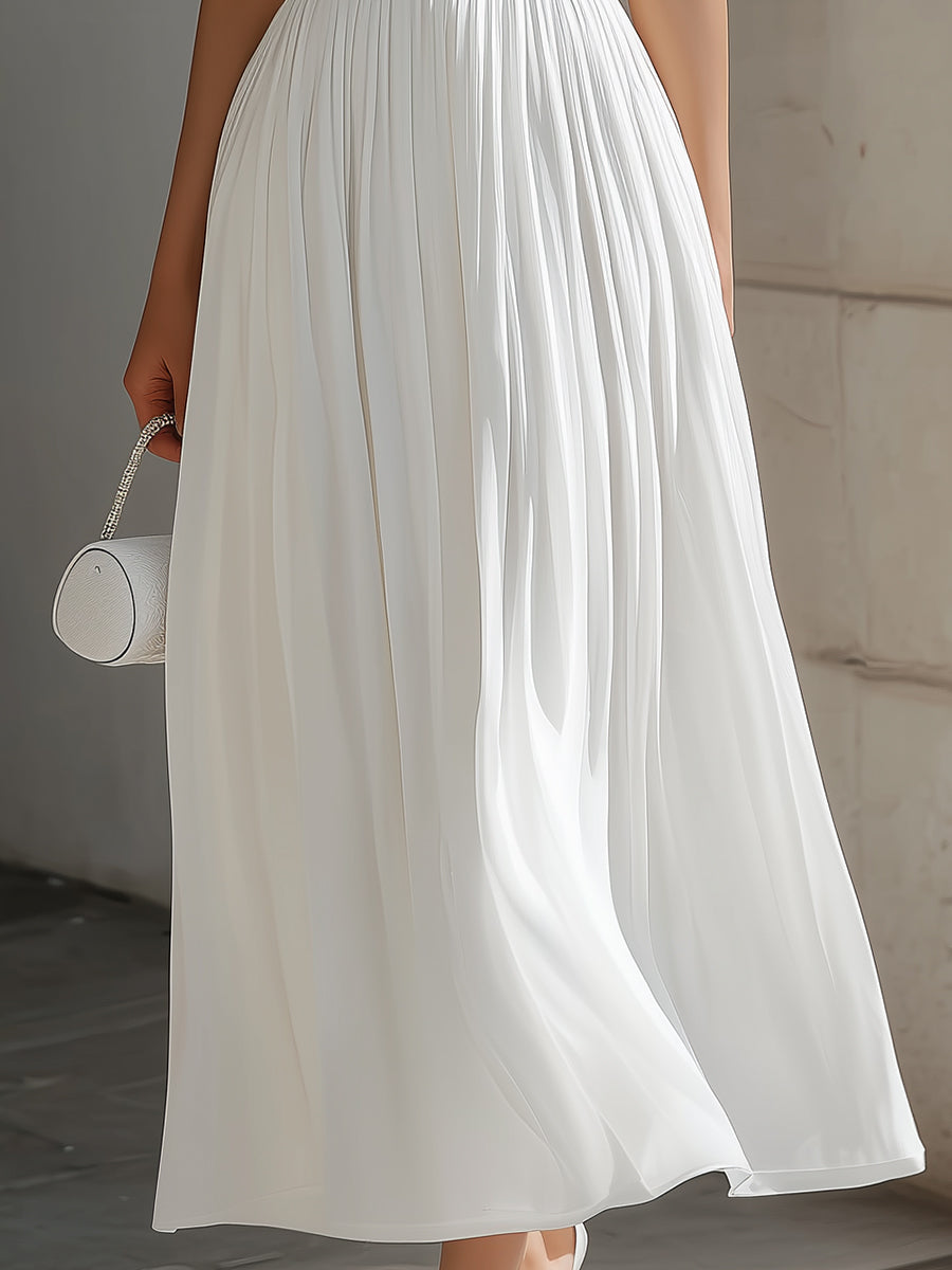 Round Neck Cap Sleeve Pleated Chiffon Waisted Maxi Dress
