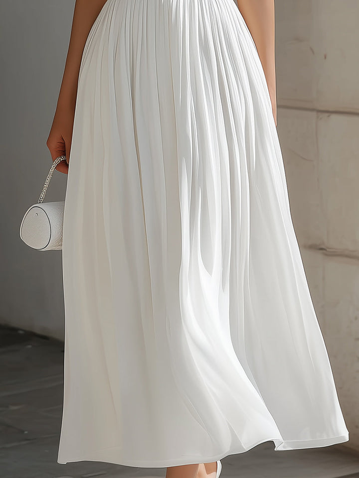 Round Neck Cap Sleeve Pleated Chiffon Waisted Maxi Dress