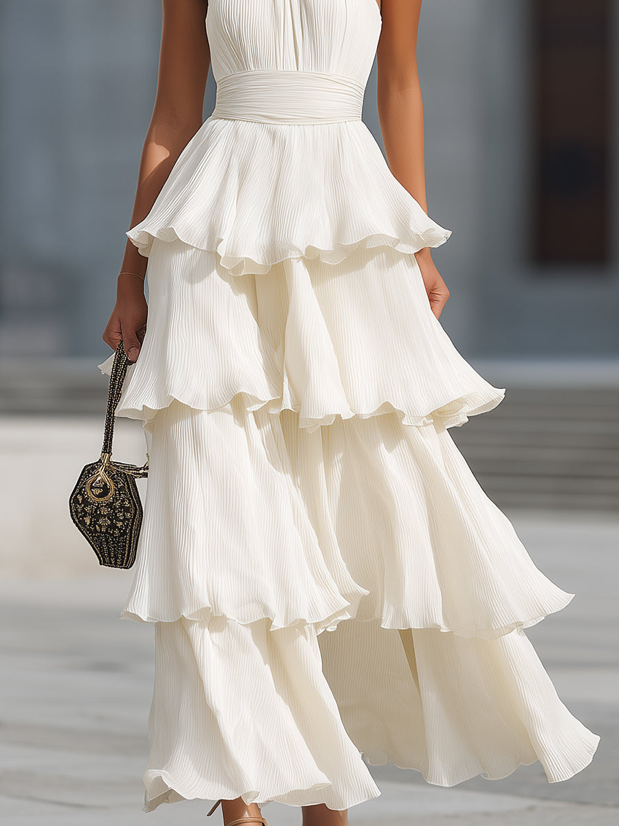 Halter Neck Tiered Pleated Chiffon Maxi Dress