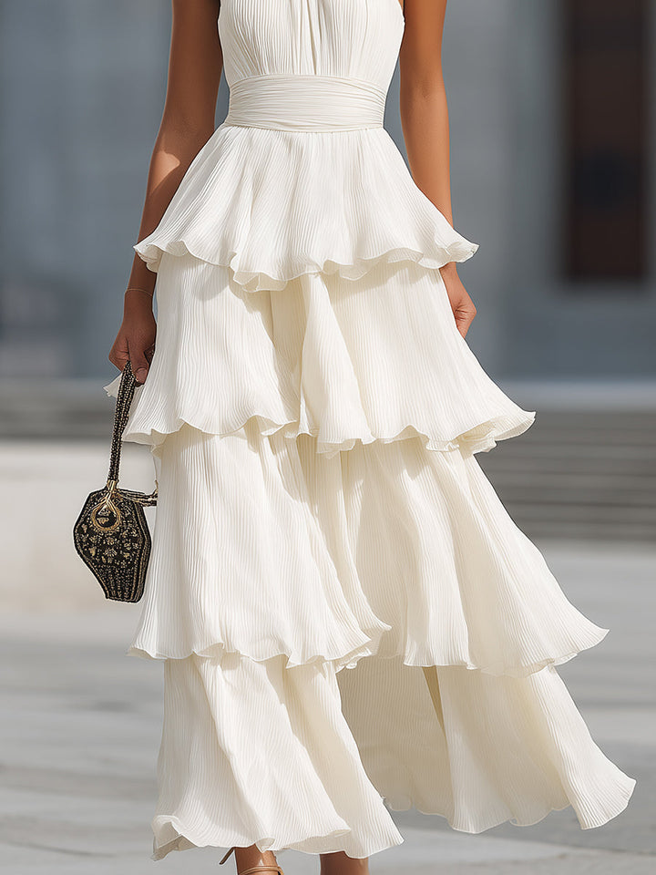 Halter Neck Tiered Pleated Chiffon Maxi Dress