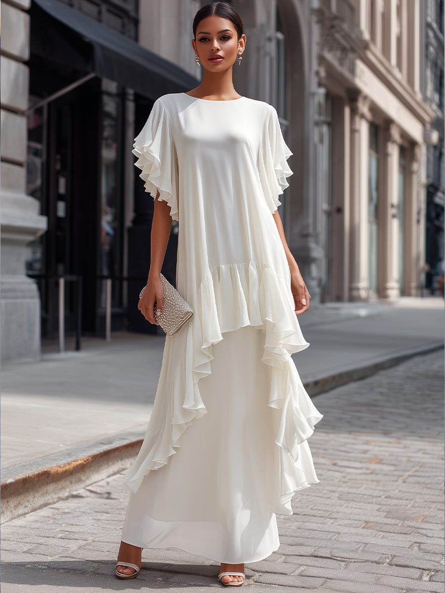 Layered Ruffle Sleeve Asymmetric Tiered Maxi Dress