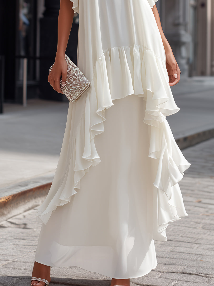 Layered Ruffle Sleeve Asymmetric Tiered Maxi Dress