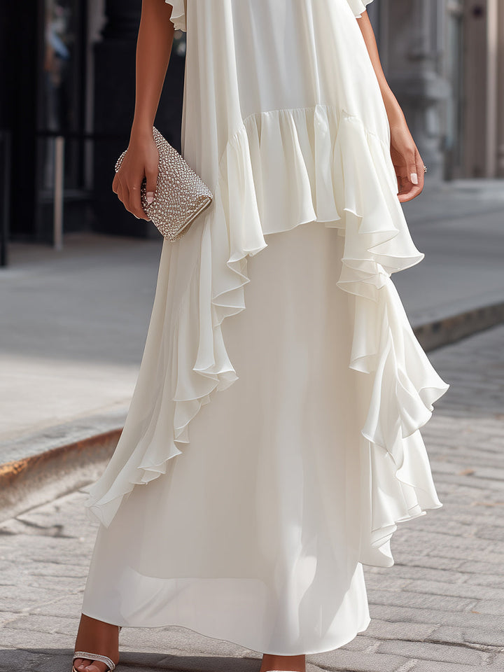 Layered Ruffle Sleeve Asymmetric Tiered Maxi Dress