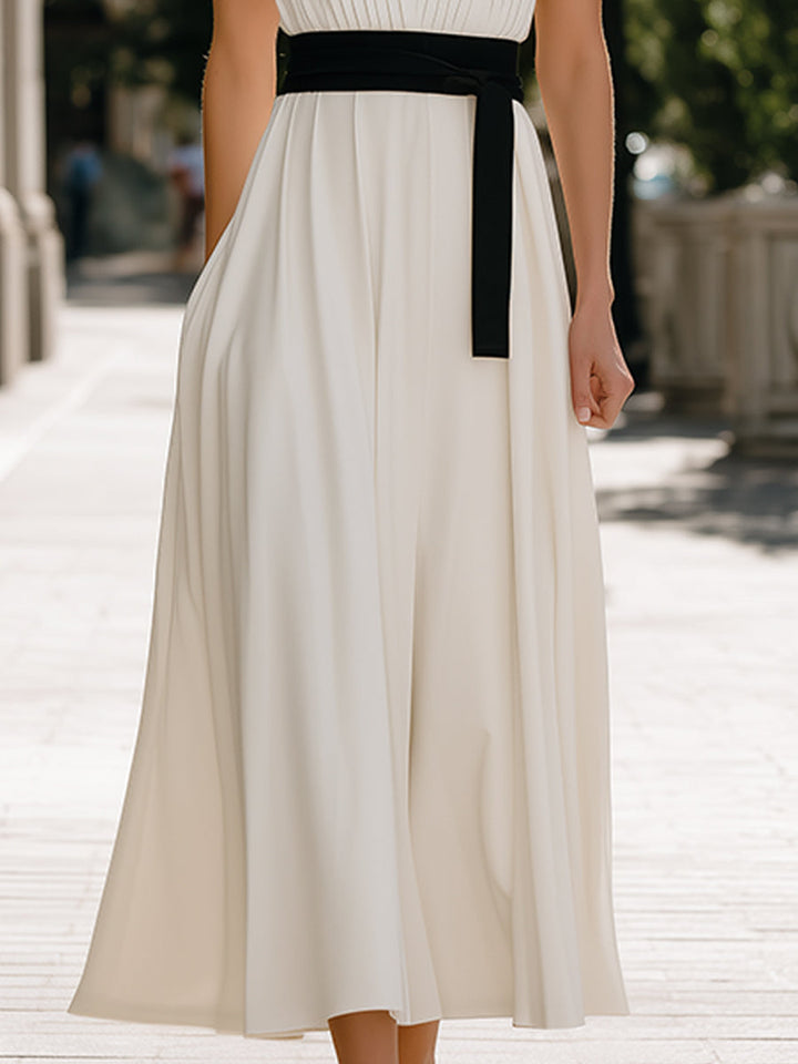 Pleated V-Neck Sleeveless Waist-Tie Flowing Maxi Dress