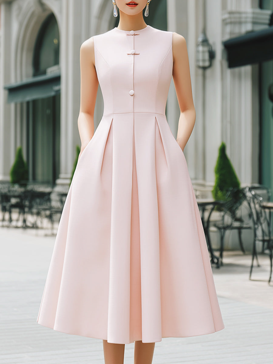 Mandarin Collar Button-Front Sleeveless Pleated A-Line Maxi Dress