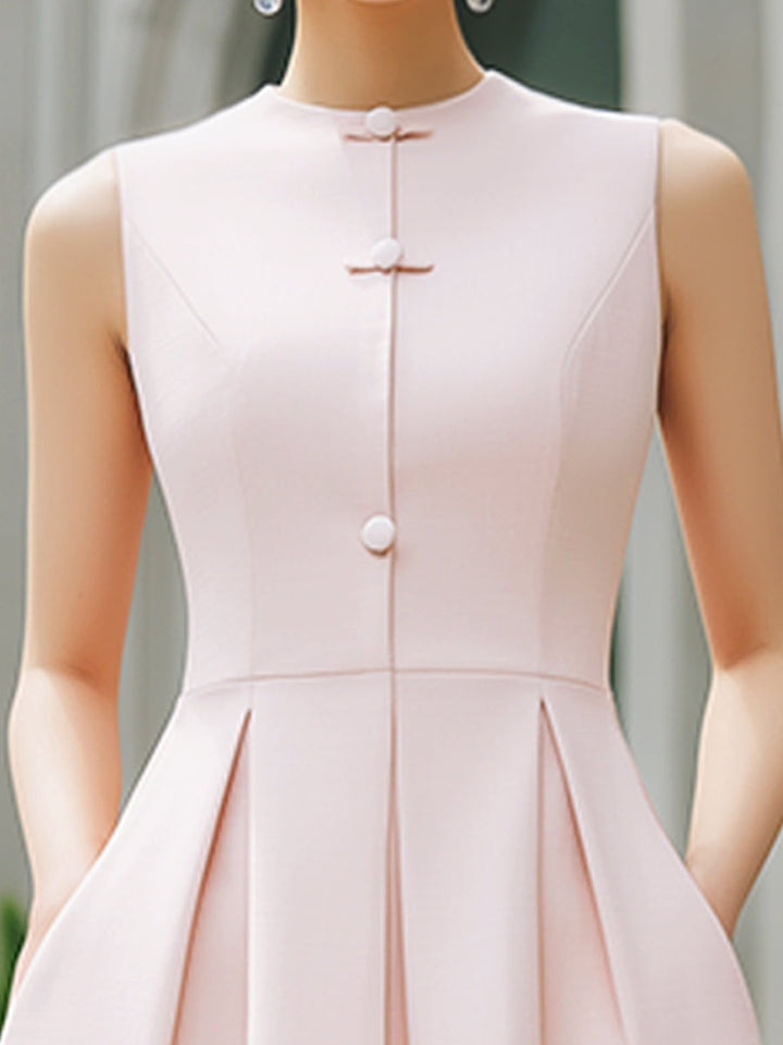Mandarin Collar Button-Front Sleeveless Pleated A-Line Maxi Dress