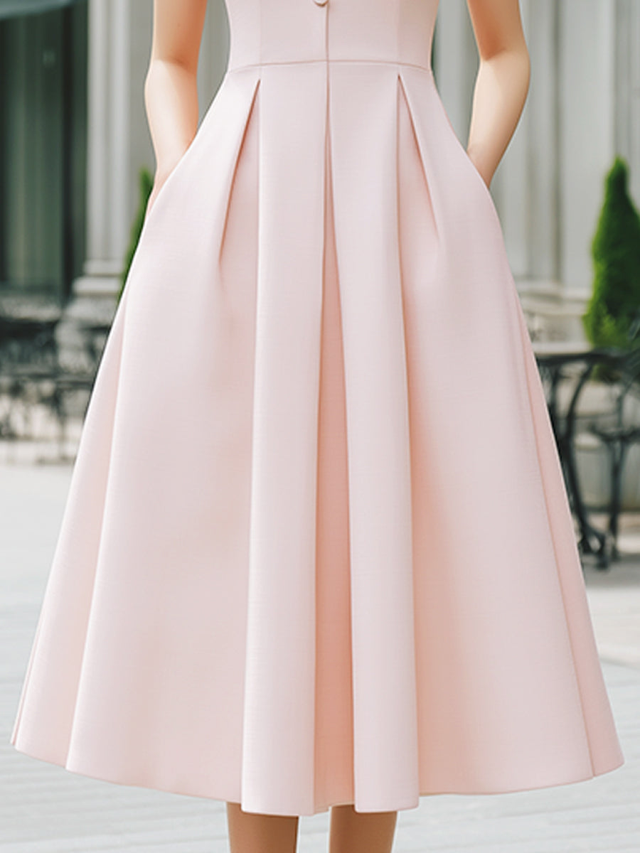 Mandarin Collar Button-Front Sleeveless Pleated A-Line Maxi Dress