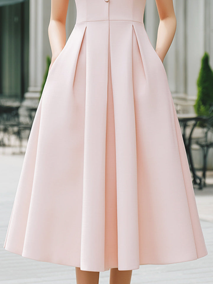Mandarin Collar Button-Front Sleeveless Pleated A-Line Maxi Dress