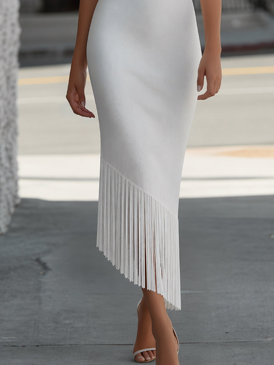 Draped Cowl Neck Knit Maxi Dress With Fringe Hem