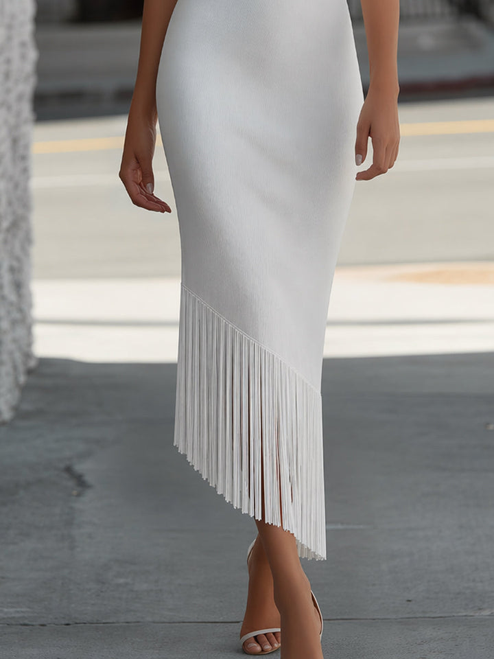 Draped Cowl Neck Knit Maxi Dress With Fringe Hem