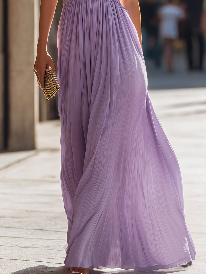 Halter Neck Ruched Bodice Pleated Maxi Dress