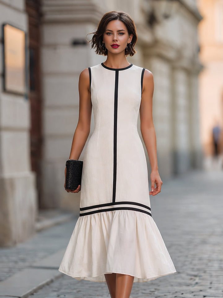 Contrast Trim Sleeveless Flared Hem Maxi Dress
