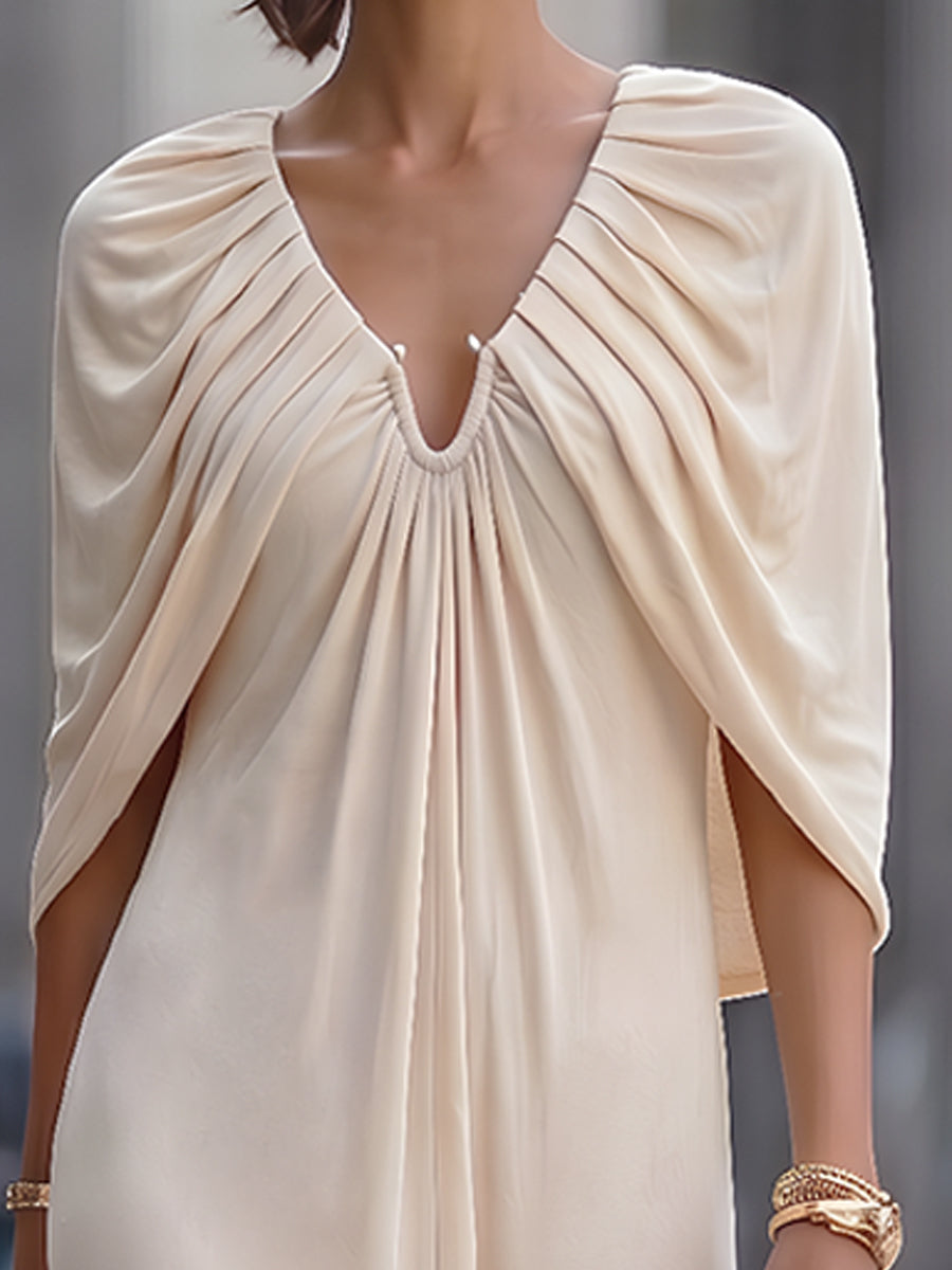 Pleated Cape Sleeve Draped Maxi Dress