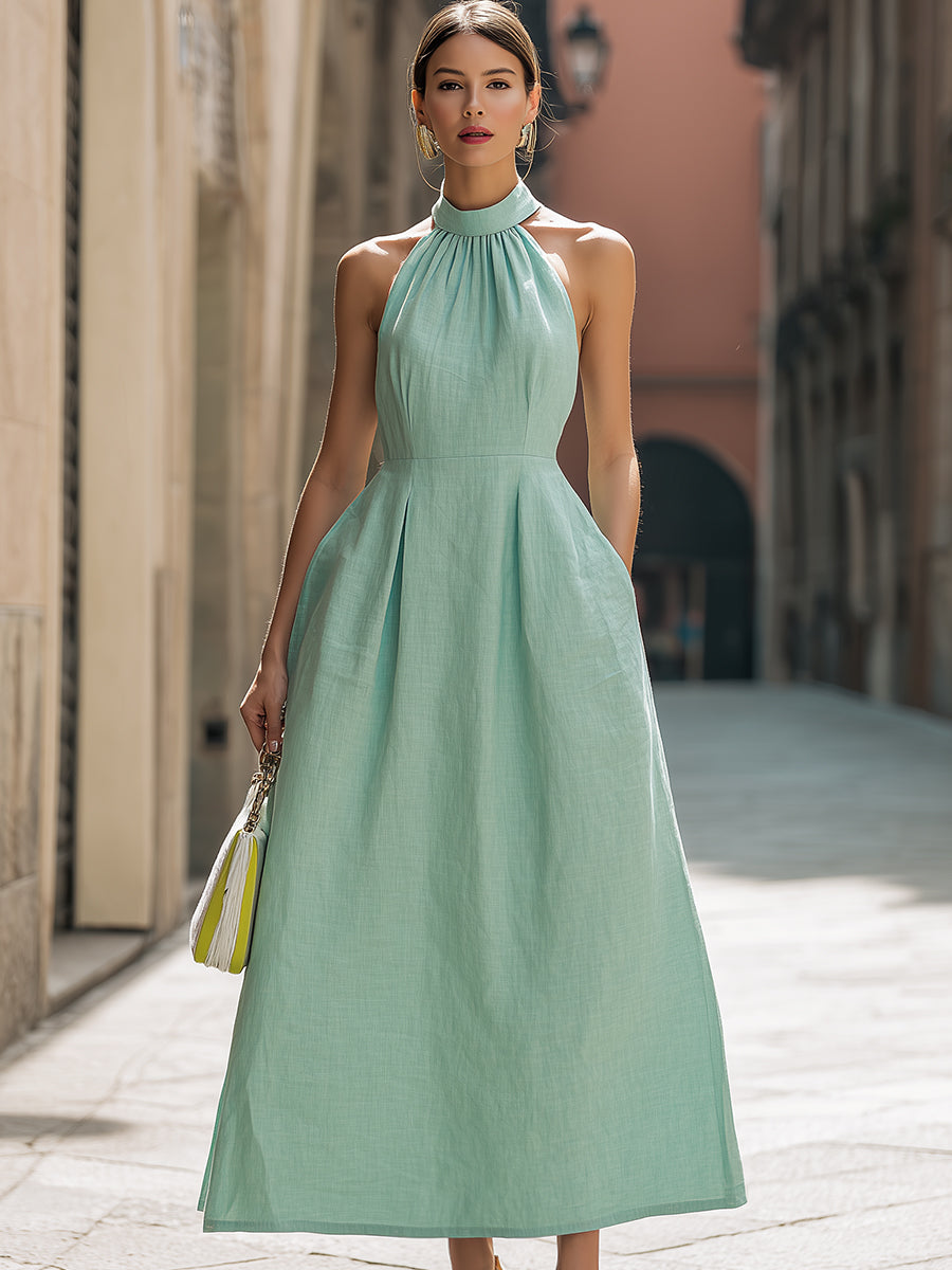 Mint Green Halter Neck Pleated Maxi Dress With Pockets