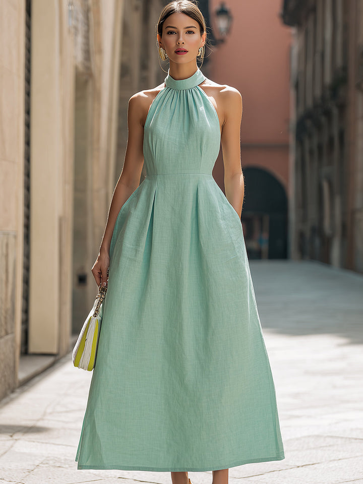Mint Green Halter Neck Pleated Maxi Dress With Pockets