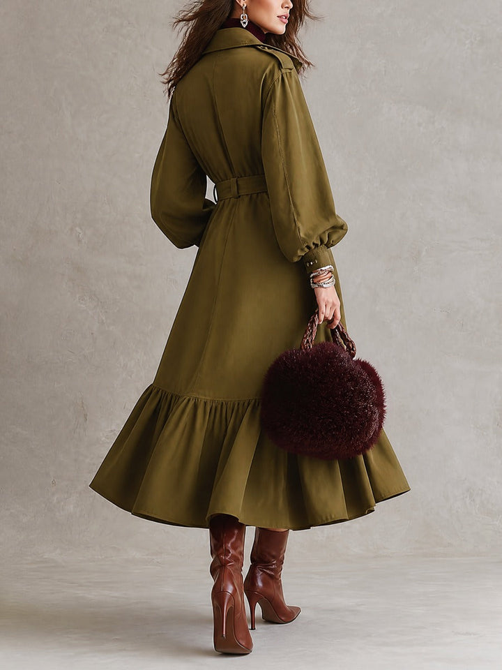Vintage Belted Utility Cargo Pockets Trench Coat With Ruffle Hem